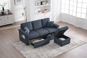 English Elm UNITED Corduroy L-Shaped Sectional Sofa with Storage Ottoman, USB Ports, Cup Holders & LED Lighting Navy W1568P332406