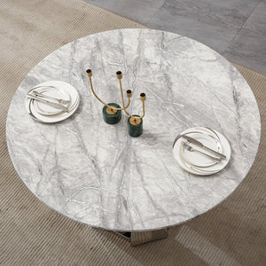 English Elm 47" Round Marble Dining Table - Elegant High Gloss Faux Marble Top & Durable Stainless Steel Base W3456S00008