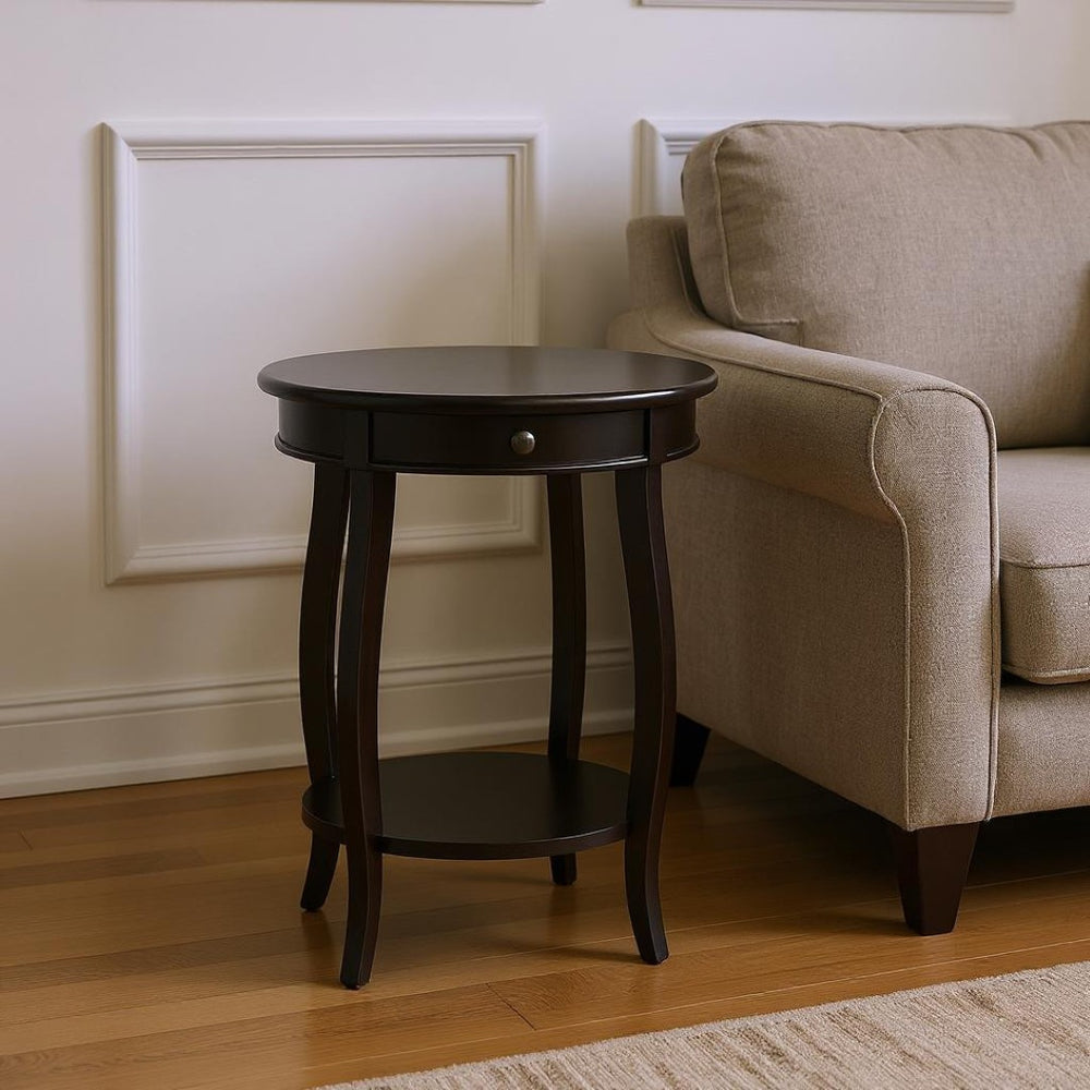 HomeRoots 24" Round Wood End Table with Drawer & Shelf - Timeless Charm for Living Room, Bedroom & Foyer Black 286302