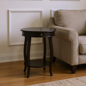HomeRoots 24" Round Wood End Table with Drawer & Shelf - Timeless Charm for Living Room, Bedroom & Foyer Black 286302