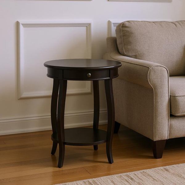 HomeRoots 24" Round Wood End Table with Drawer & Shelf - Timeless Charm for Living Room, Bedroom & Foyer Black 286302