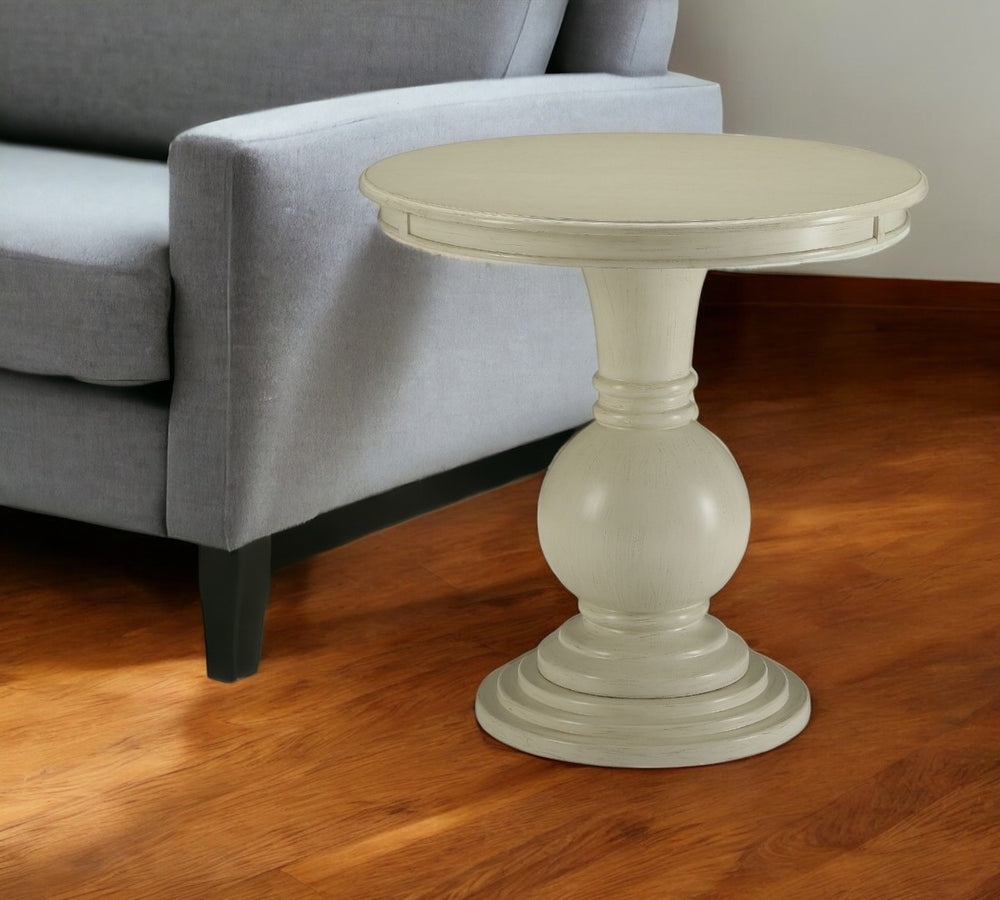 HomeRoots 26" White Round End Table – Elegant Pedestal Design for Living Room, Bedroom, or Entryway Use Antique White 286305