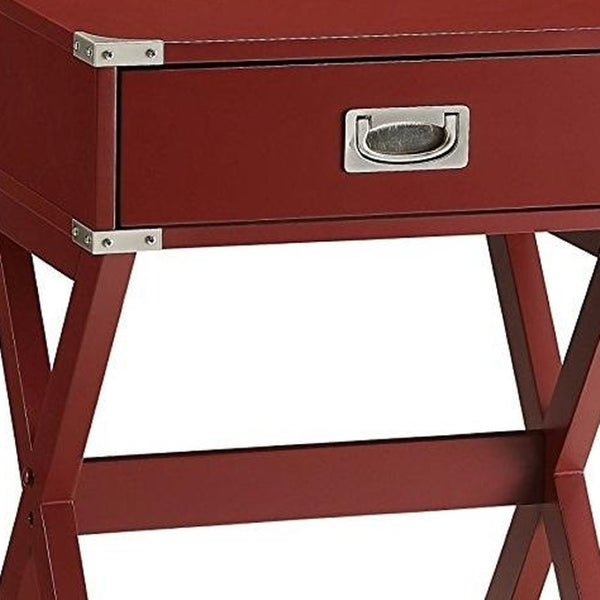 HomeRoots 24" Wood Cross-Legs End Table with Drawer – Stylish Modern Accent for Living Room or Bedroom Use Red 286306