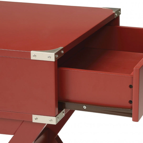 HomeRoots 24" Wood Cross-Legs End Table with Drawer – Stylish Modern Accent for Living Room or Bedroom Use Red 286306