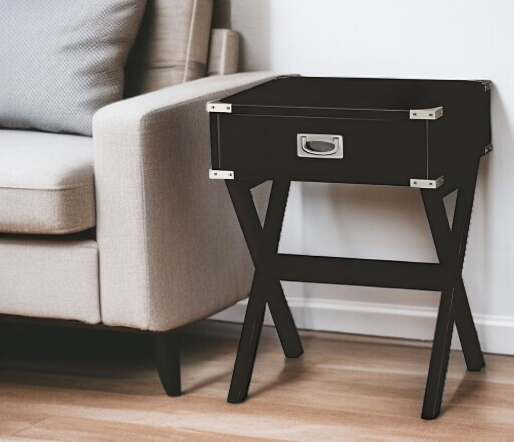 HomeRoots 24" Black Wood End Table with Drawer - Stylish X-Cross Legs, Ideal for Living Rooms & Bedrooms 286307