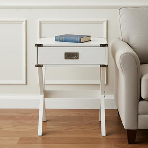 HomeRoots 24" Wood Cross-Legs End Table with Drawer – Stylish Modern Accent for Living Room or Bedroom Use White 286308