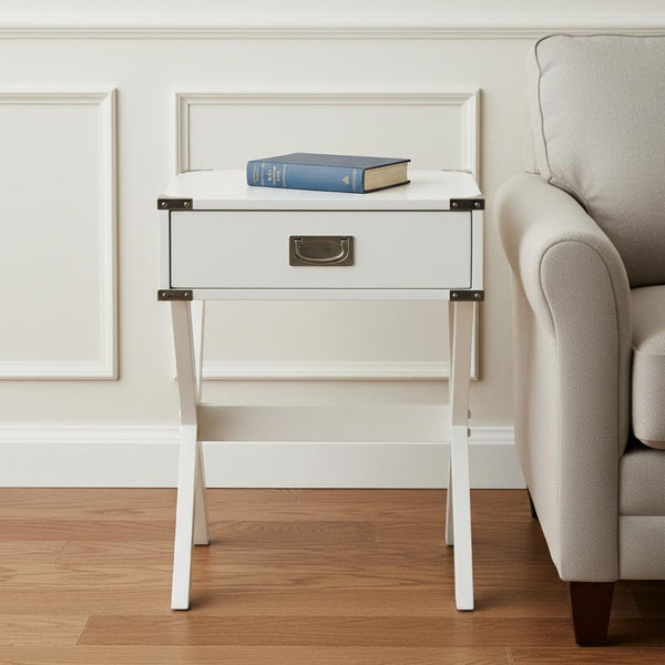 HomeRoots 24" Wood Cross-Legs End Table with Drawer – Stylish Modern Accent for Living Room or Bedroom Use White 286308