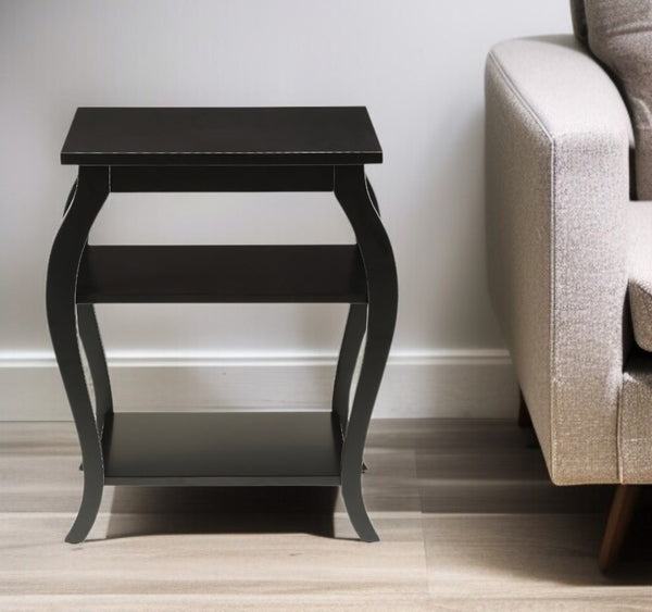 HomeRoots 23" Elegant Wood Bow Leg End Table with Three-Tier Storage for Stylish Living Room or Bedroom Decor Black 286309