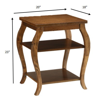 Homeroots 23" Brown Wood Bow Leg Square End Table With Two Shelves Walnut  286311