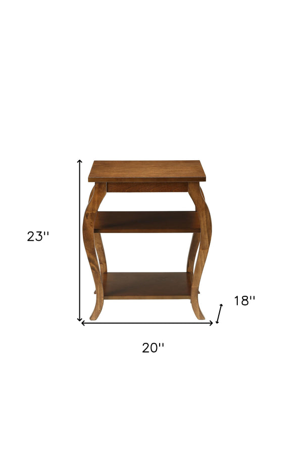 Homeroots 23" Brown Wood Bow Leg Square End Table With Two Shelves Walnut  286311