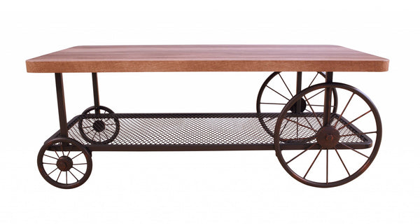 Homeroots Rectangular Oak Finish Coffee Table With Metal Mesh Bottom Shelf   286323