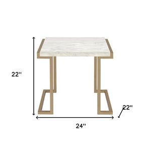 Homeroots 24" Gold And White Faux Marble And Stainless Steel End Table   286330