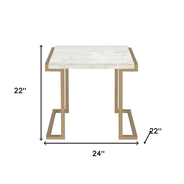 Homeroots 24" Gold And White Faux Marble And Stainless Steel End Table   286330