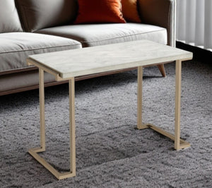 HomeRoots 44" Elegant White Faux Marble Coffee Table with Gold Iron Base - Modern Sled Design for Any Space 286331