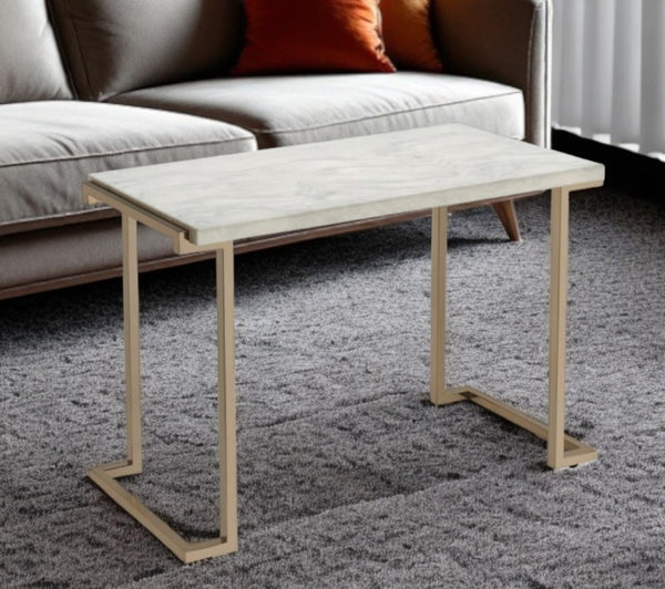 HomeRoots 44" Elegant White Faux Marble Coffee Table with Gold Iron Base - Modern Sled Design for Any Space 286331