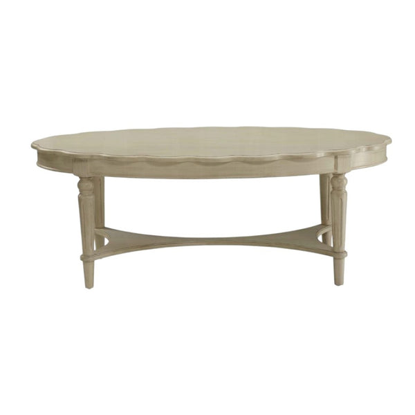 HomeRoots 50" Antiqued White Oval Coffee Table - Distressed Solid Wood Centerpiece for Rustic Farmhouse Decor 286349