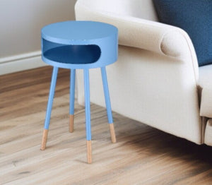 HomeRoots 26" Light Blue Solid Wood Round End Table with Shelf – Modern-Retro Charm for Small Spaces! 286362
