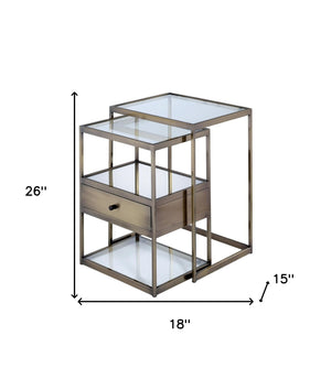 Homeroots Set Of Two 26" Brass And Clear Glass And Iron End Table With Drawer And Two Shelves With Magazine Holder   286376