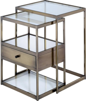 Homeroots Set Of Two 26" Brass And Clear Glass And Iron End Table With Drawer And Two Shelves With Magazine Holder   286376