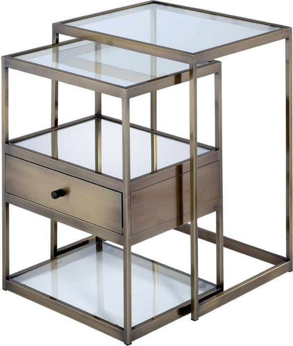 Homeroots Set Of Two 26" Brass And Clear Glass And Iron End Table With Drawer And Two Shelves With Magazine Holder   286376