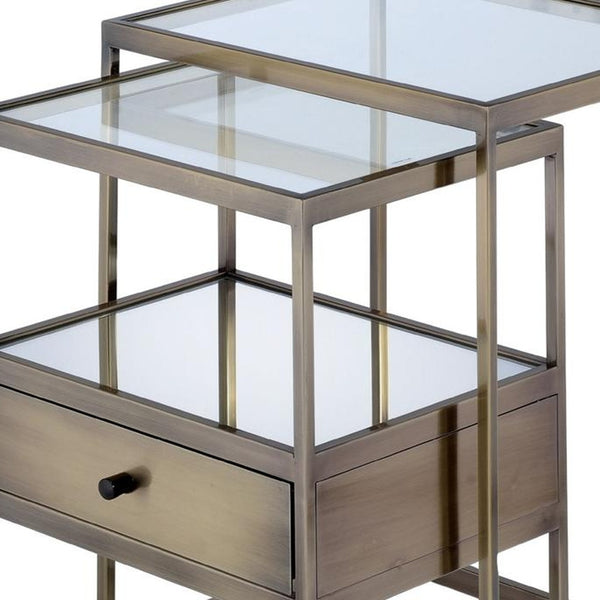Homeroots Set Of Two 26" Brass And Clear Glass And Iron End Table With Drawer And Two Shelves With Magazine Holder   286376