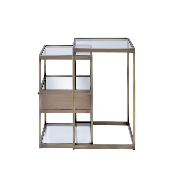 Homeroots Set Of Two 26" Brass And Clear Glass And Iron End Table With Drawer And Two Shelves With Magazine Holder   286376
