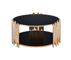 Homeroots 37" Black And Gold Glass And Stainless Steel Round Mirrored Coffee Table   286381