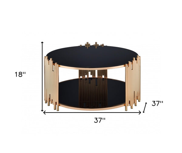 Homeroots 37" Black And Gold Glass And Stainless Steel Round Mirrored Coffee Table   286381