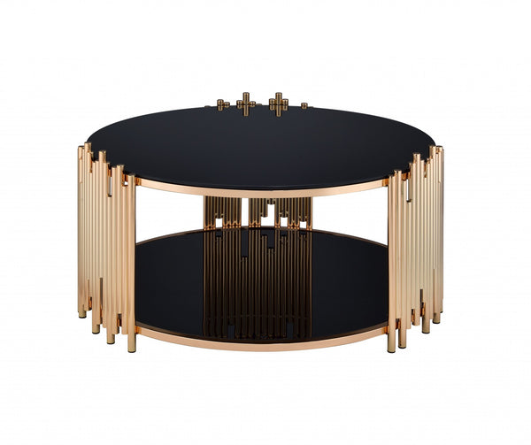 Homeroots 37" Black And Gold Glass And Stainless Steel Round Mirrored Coffee Table   286381