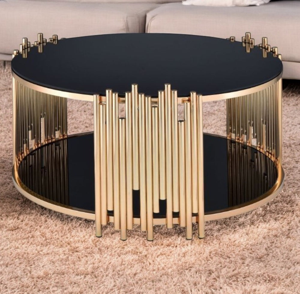 Homeroots 37" Black And Gold Glass And Stainless Steel Round Mirrored Coffee Table   286381