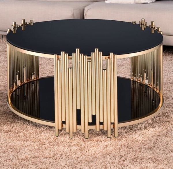 Homeroots 37" Black And Gold Glass And Stainless Steel Round Mirrored Coffee Table   286381