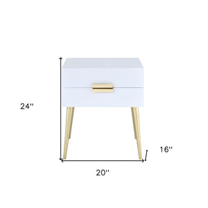 HomeRoots 24" Chic Wood and Iron End Table with Two Drawers for Stylish Storage and Modern Elegance in Any Room White and Gold 286384