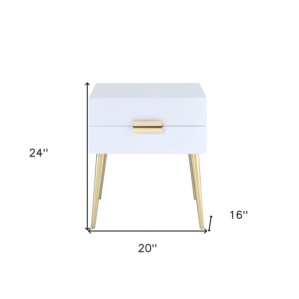 HomeRoots 24" Chic Wood and Iron End Table with Two Drawers for Stylish Storage and Modern Elegance in Any Room White and Gold 286384