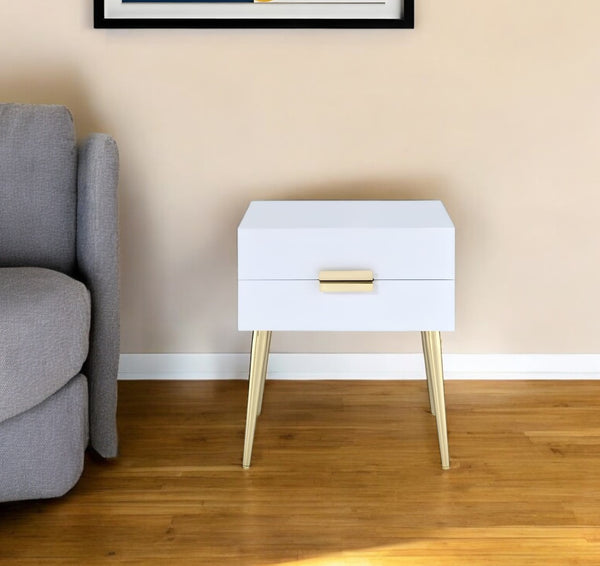 HomeRoots 24" Chic Wood and Iron End Table with Two Drawers for Stylish Storage and Modern Elegance in Any Room White and Gold 286384