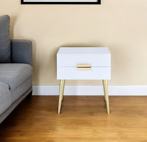 HomeRoots 24" Chic Wood and Iron End Table with Two Drawers for Stylish Storage and Modern Elegance in Any Room White and Gold 286384
