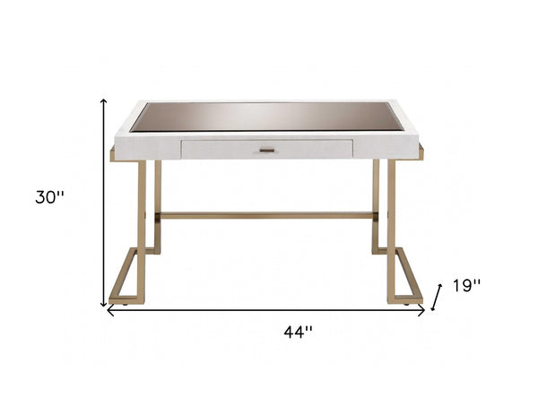 HomeRoots 44" Elegant White and Champagne Glass Writing Desk - Modern Design for Home Office or Study 286395