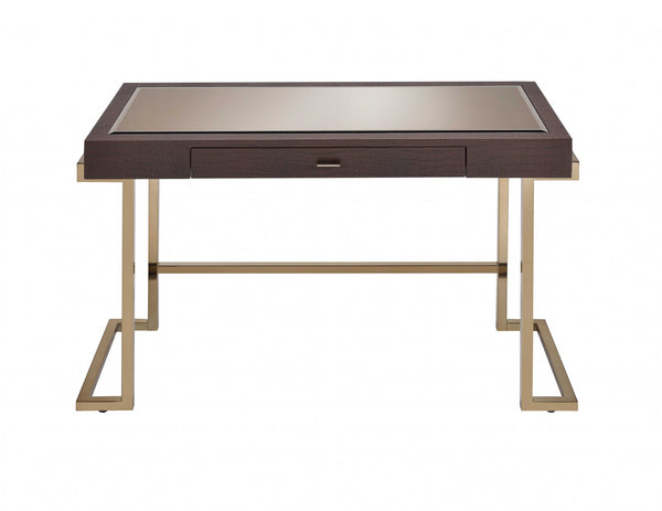 Homeroots Brown Faux Leather And Light Gold Mirror Desk   286396