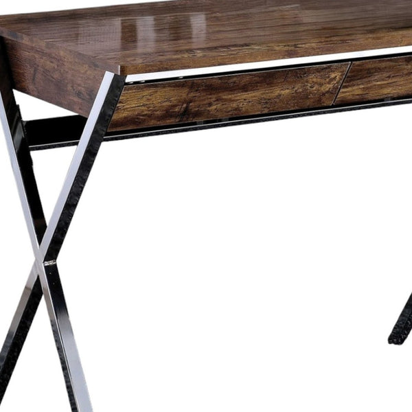 HomeRoots 36" Stylish Brown and Silver Writing Desk with Two Drawers - Compact Workstation for Home Office 286397
