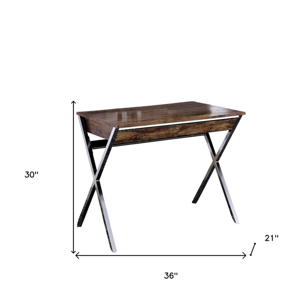 HomeRoots 36" Stylish Brown and Silver Writing Desk with Two Drawers - Compact Workstation for Home Office 286397