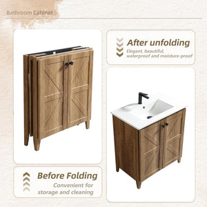 English Elm 30 Inch Floating Bathroom Vanity Fluted Wood Grain Front with Ceramic Integrated Sink Golden Oak W3520S00033