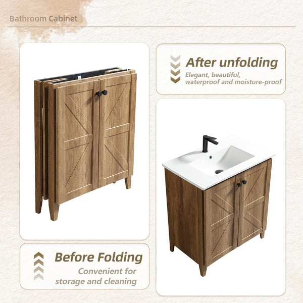English Elm 30 Inch Floating Bathroom Vanity Fluted Wood Grain Front with Ceramic Integrated Sink Golden Oak W3520S00033