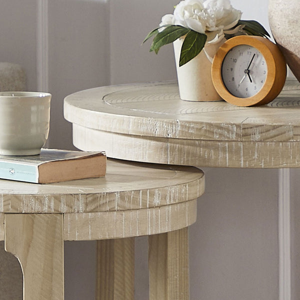 English Elm 24 Inch Round Pine Wood Nesting Side Tables Set of 2 Mid Century Rustic Living Room Accent Oak W2582P385364