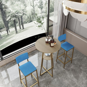 English Elm Bar Table and Chair Set Gold Frame Blue Velvet Cushions with Built-in Storage Shelf W3064P245389