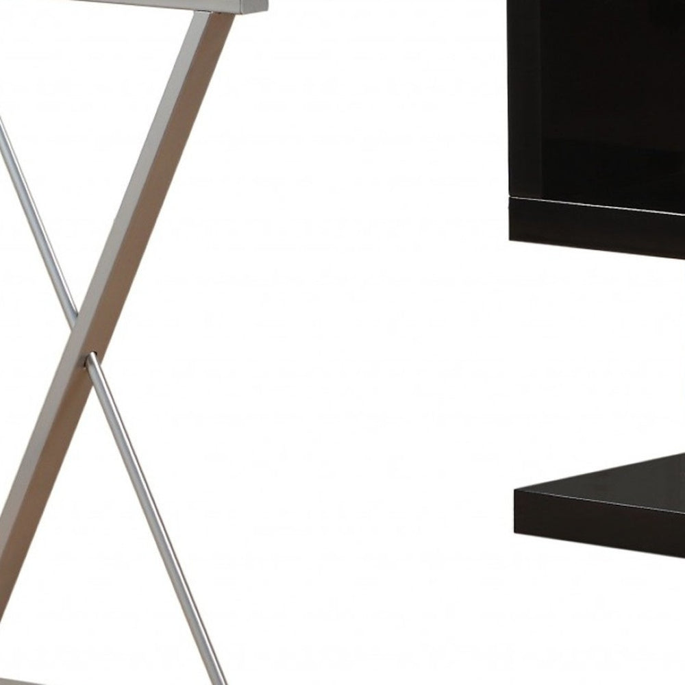 HomeRoots 55" Modern L-Shaped Glass Desk with Mirrored Accents and Black/Silver Metal Base for Home Office Chic 286408