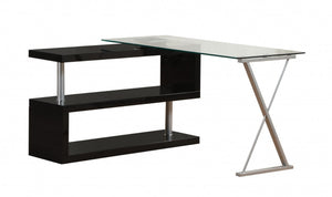 HomeRoots 55" Modern L-Shaped Glass Desk with Mirrored Accents and Black/Silver Metal Base for Home Office Chic 286408