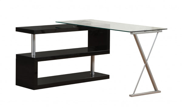 HomeRoots 55" Modern L-Shaped Glass Desk with Mirrored Accents and Black/Silver Metal Base for Home Office Chic 286408