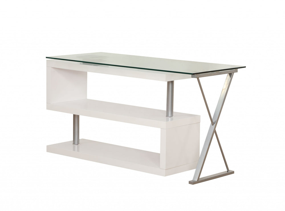Homeroots 55" Clear And White Glass Mirrored L Shape Executive Desk   286409