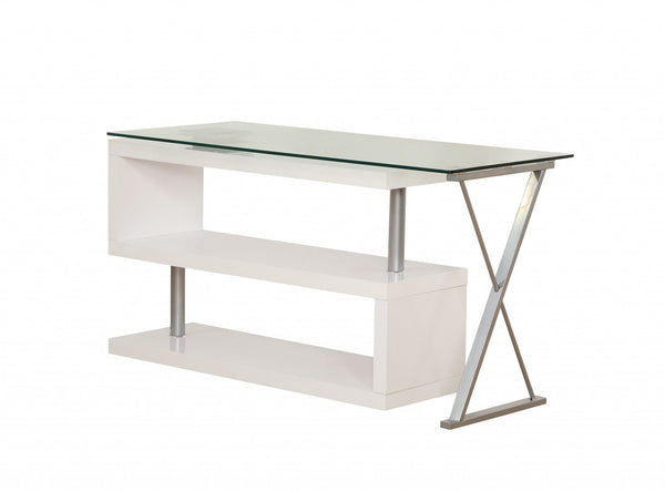 Homeroots 55" Clear And White Glass Mirrored L Shape Executive Desk   286409