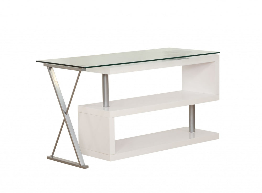 HomeRoots 55" Modern Clear Glass L-Shaped Executive Desk with Mirrored Accents & Bookcase for Ultimate Style 286409