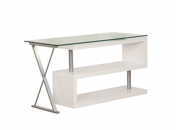 Homeroots 55" Clear And White Glass Mirrored L Shape Executive Desk   286409